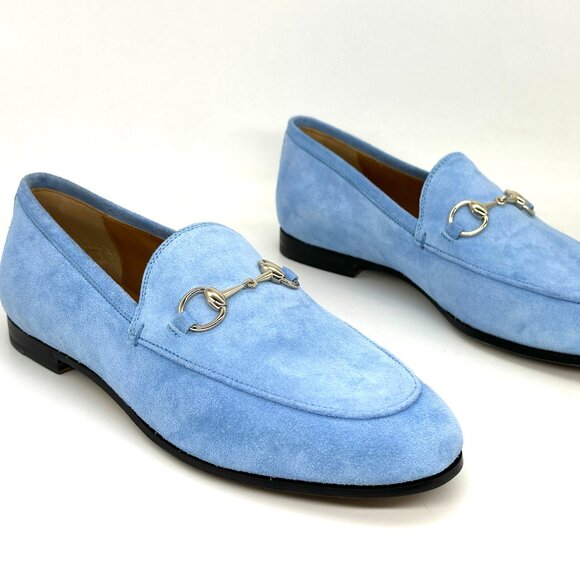 Gucci Jordaan Horsebit Bit Suede Slip On Loafers Flat Shoes Glacial Blue - Picture 12 of 15